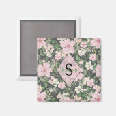  weelderig roze botanisch monogram magneet (Voorkant / Achterkant)