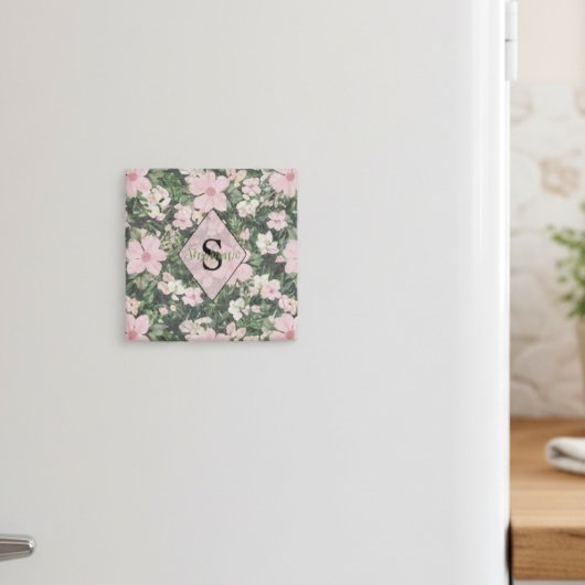  weelderig roze botanisch monogram magneet