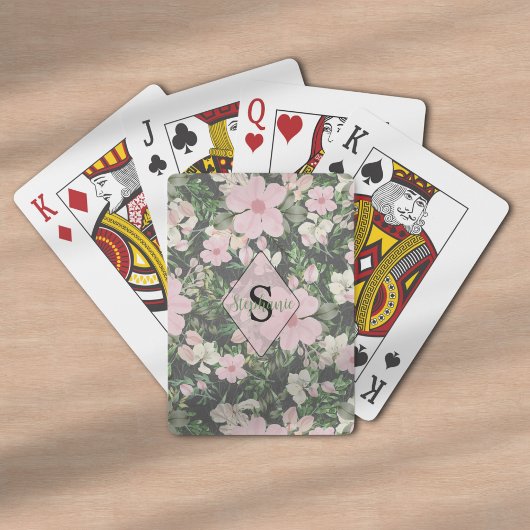 weelderig roze botanisch monogram pokerkaarten