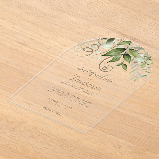 Weelderig tropisch groen bruiloft boog acryl uitnodigingen (Laagn)