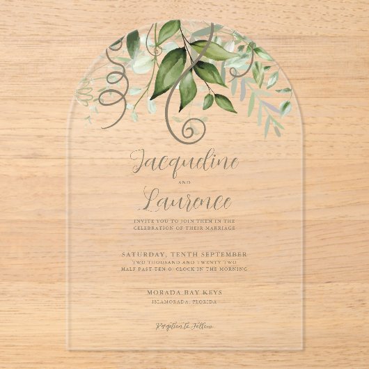 Weelderig tropisch groen bruiloft boog acryl uitnodigingen (Voorkant)