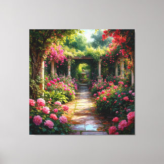 Weelderig tuinpad met rozenstruiken canvas afdruk