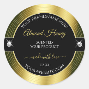 Weelderig zwart goud glanzend briljant productlabe ronde sticker