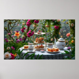 Weelderige Afternoon Tea Setup in de tuin Poster