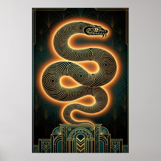 Weelderige Art Deco Slang Serpent Gouden Spiraal Poster