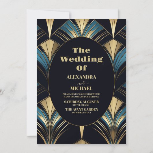 Weelderige Blauwe en Gouden Art Deco Bruiloft Kaart (Voorkant)