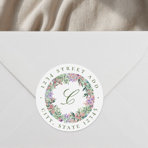 Weelderige bloemenkrans monogram retouradres ronde sticker