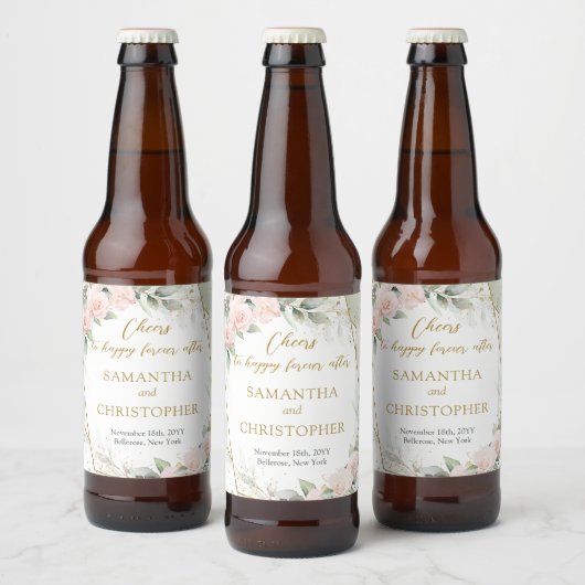 Weelderige blos rozen eucalyptus en gouden bruilof bier etiket (Flessen)