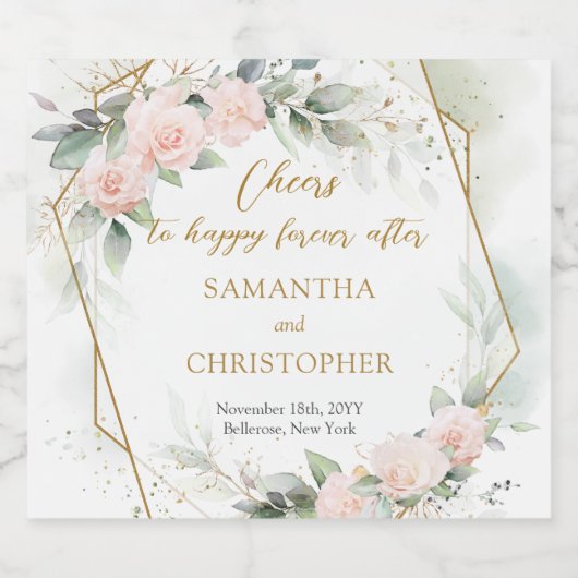 Weelderige blos rozen eucalyptus en gouden bruilof sparkling wijnetiket (Enkel label)