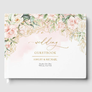 Weelderige boho lichtroze rozen gouden bruiloft gastenboek
