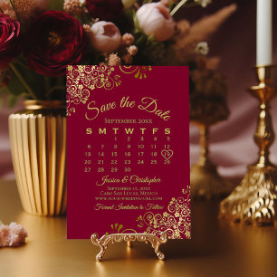Weelderige Bourgondiër & Gouden Elegante Trouwkale Save The Date