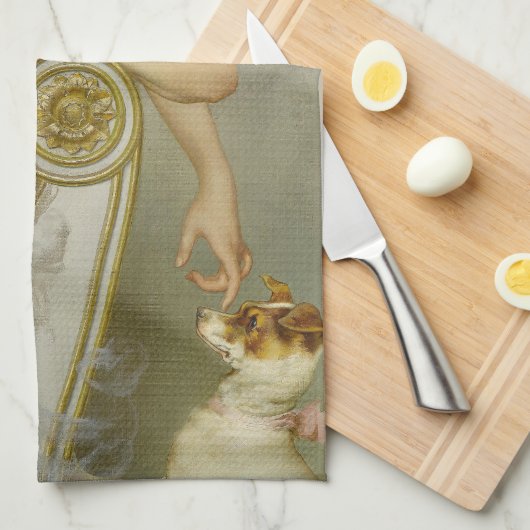 weelderige dame speels plagen haar puppy hond theedoek (Quarter Fold)