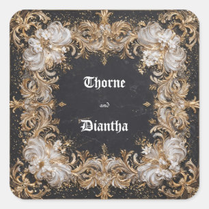 Weelderige Gouden Barok Witte Bloem Marmer Bruilof Vierkante Sticker