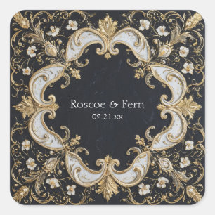 Weelderige Gouden Barok Witte Bloem Zwarte Bruilof Vierkante Sticker