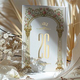 Weelderige Gouden Boog & Roze Rozen Tafelnummer