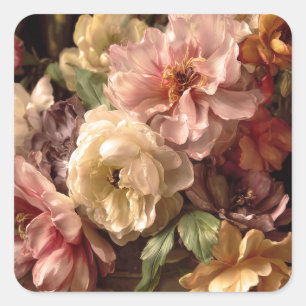 Weelderige lente pioenroos vintage arrangement vierkante sticker