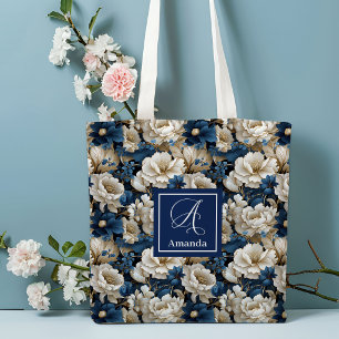 Weelderige Navy Blauwe Bloemen Aangepaste Naam Boo Draagtas