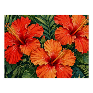 Weelderige Oranje Hibiscus Jungle Bloemen Tropisch Perfect Poster