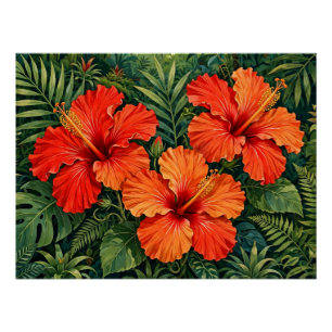 Weelderige Oranje Hibiscus Jungle Bloemen Tropisch Perfect Poster