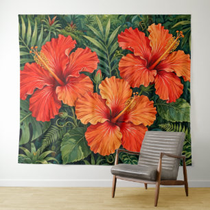 Weelderige Oranje Hibiscus Jungle Bloemen Tropisch Wandkleed