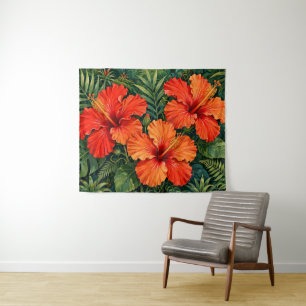 Weelderige Oranje Hibiscus Jungle Bloemen Tropisch Wandkleed