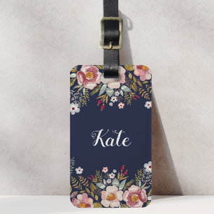 Weelderige Roze Bloemige Navy Blauwe Aangepaste Na Bagagelabel