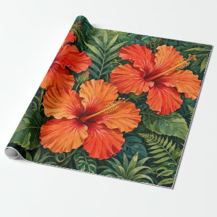 Weelderige Sinaasappel Hibiscus Jungle Bloemen Tro Cadeaupapier