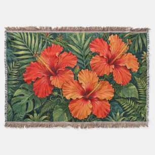 Weelderige Sinaasappel Hibiscus Jungle Bloemen Tro Deken