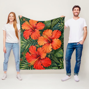 Weelderige Sinaasappel Hibiscus Jungle Bloemen Tro Fleece Deken