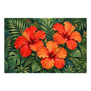 Weelderige Sinaasappel Hibiscus Jungle Bloemen Tro Foto Afdruk