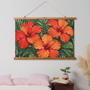 Weelderige Sinaasappel Hibiscus Jungle Bloemen Tro Hangend Wandkleed