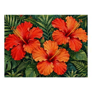 Weelderige Sinaasappel Hibiscus Jungle Bloemen Tro Perfect Poster
