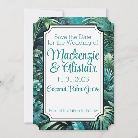 weelderige tropisch Oerwoud groen strand bruiloft Save The Date (Voorkant)