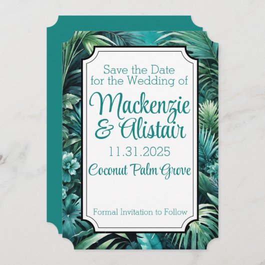 weelderige tropisch Oerwoud groen strand bruiloft Save The Date (Voorkant / Achterkant)