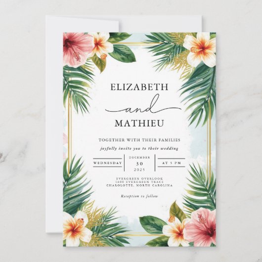 Weelderige Tropische Bloom Accent Wedding Kaart (Voorkant)