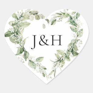 Weelderige Witte Bloemen en Groene Monogram Bruilo Hart Sticker