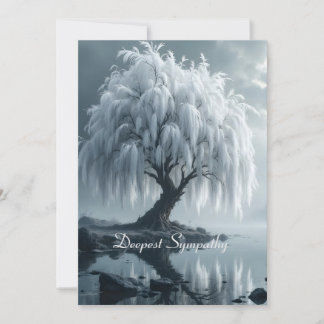 Weeping willow by a pond, black and white card