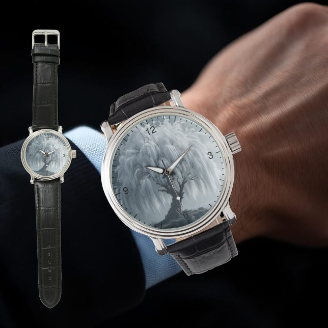 Weeping willow by a pond, black and white, custom  horloge (Creator heeft geüpload)