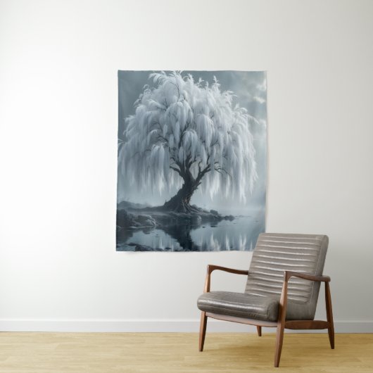 Weeping willow by a pond, black and white wandkleed (In situ)