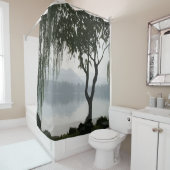 Weeping Willow Lake Mountain landschap zwart grijs Douchegordijn (In situ)
