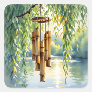 Weeping Willow, Windchimes en Lake Vierkante Sticker