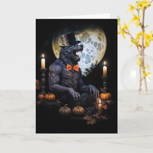 Weerwolf en Moon Candles Pumpkins eng Halloween Kaart (Gele Bloem)