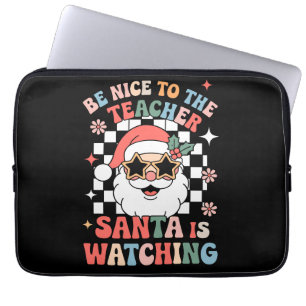 Wees aardig voor de leraar Kerstman kijkt Retro Laptop Sleeve