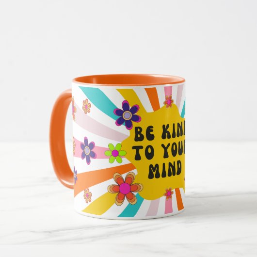 "Wees aardig voor je geest" Kleurrijke Retro Mok (Voorkant links)