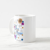 Wees blij met de blauwe Paarse goudbloemen van de  Koffiemok (Voorkant links)