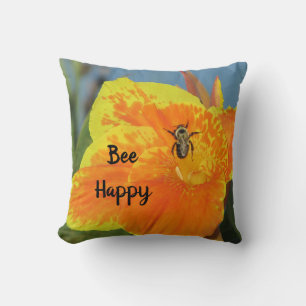 Wees blij Oranje Lily Photo Bee Pun Natuur Humor Kussen