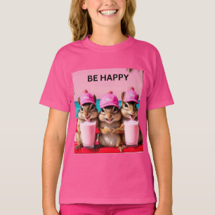 Wees gelukkig eekhoorns roze aardbeien milkshakes t-shirt