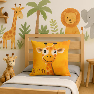 Wees Gelukkig Giraffe Geel Oranje Kinderen Motiver Kussen