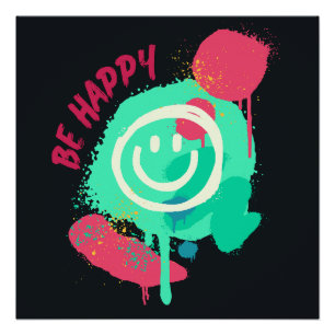 Wees Gelukkig Smiley Mint & Roze Graffiti Straatku Perfect Poster