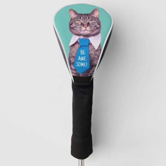 "WEES GEWELDIGE!" Cat in Blue Stropdas, Blauwgroen Golfheadcover (Voorkant)